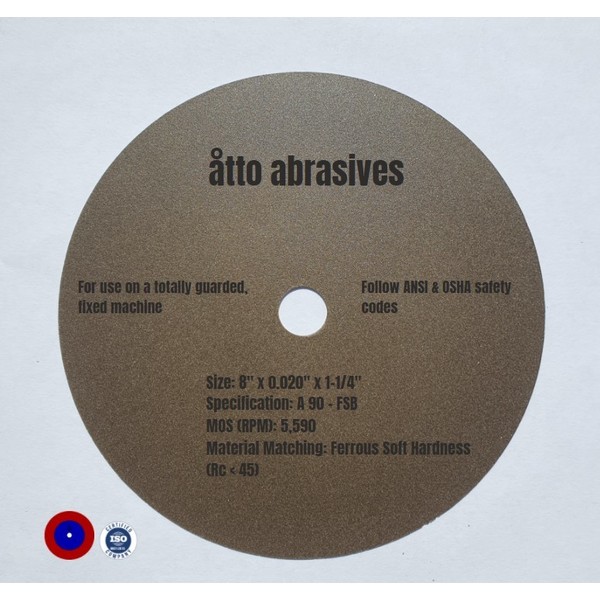 Atto Abrasives Ultra-Thin Sectioning Wheels 8"x0.020"x1-1/4" Ferrous Soft Hardness 1W200-050-SS